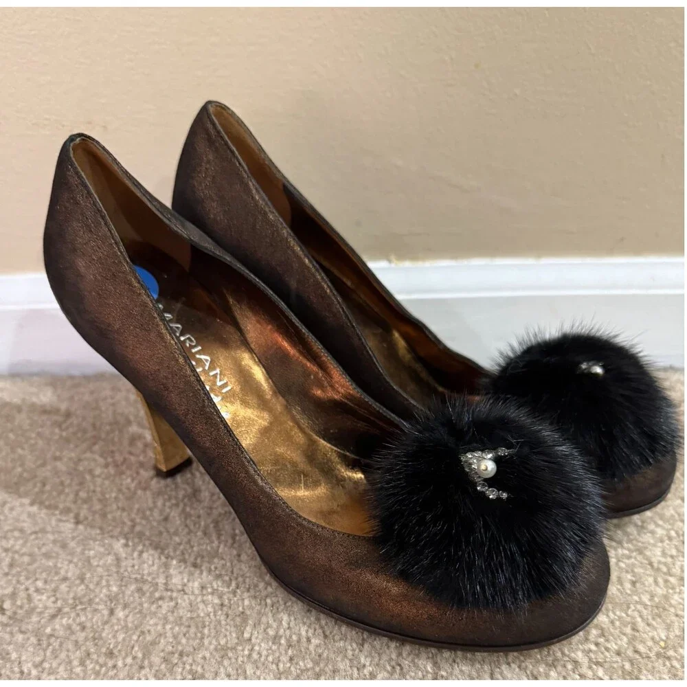 Mariani Studio Bronze Metallic Pumps Womens 7.5 Mink Fur Pom Accent Heels Shoes